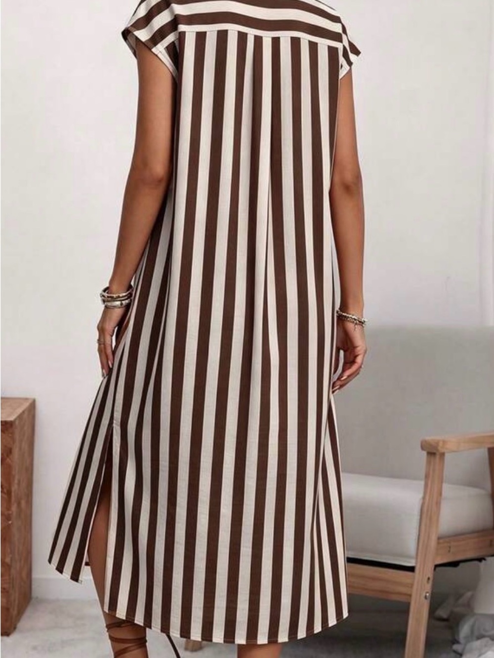 SHEIN Brown & Cream Vertical Stripe Midi Dress